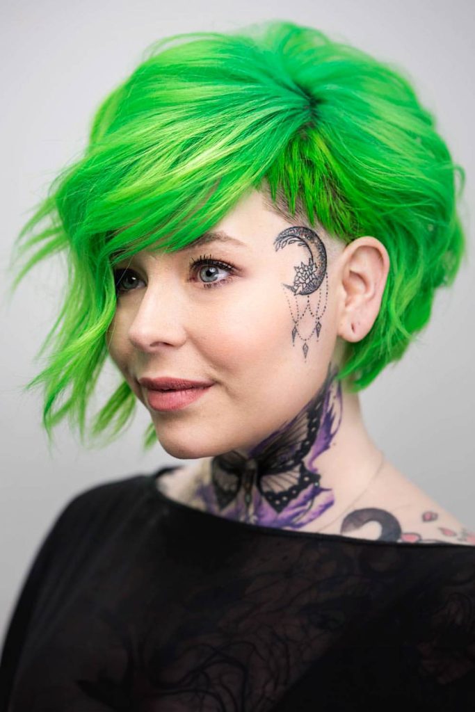 Green Asymmetrical Bob with Shaved Low Fade #asymmetricalbob #bobhairstyles