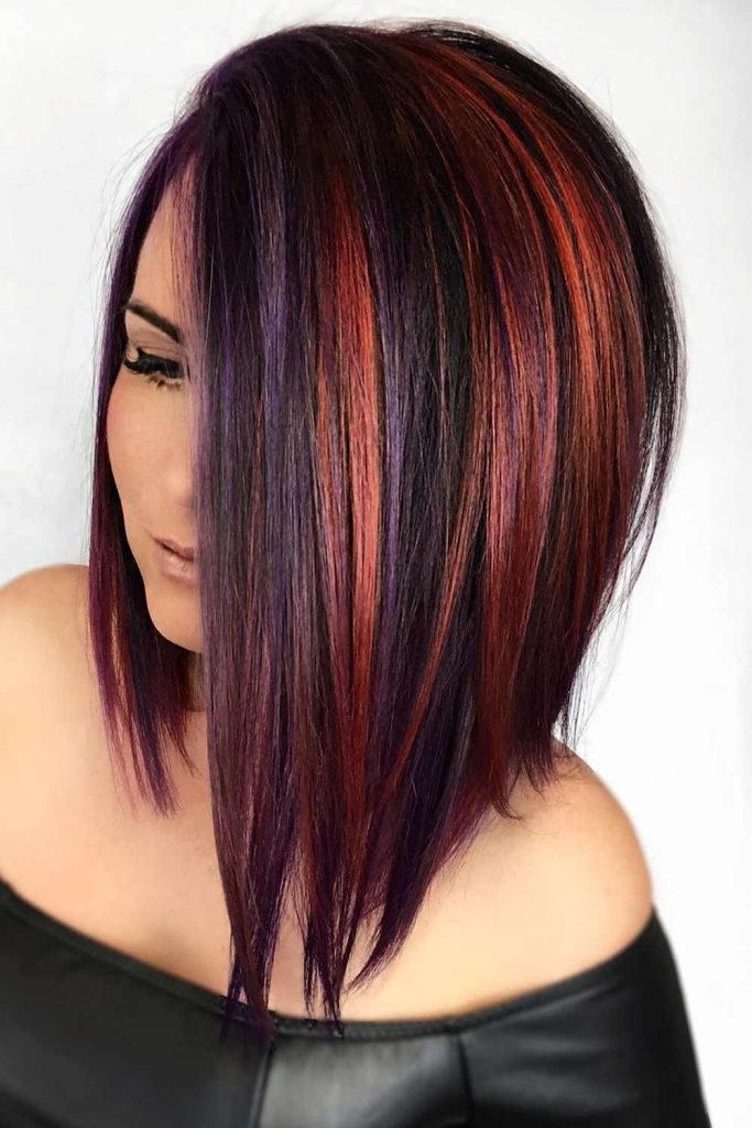 Long Asymmetrical Bob With Red Highlights #asymmetricalbob #bobhairstyles