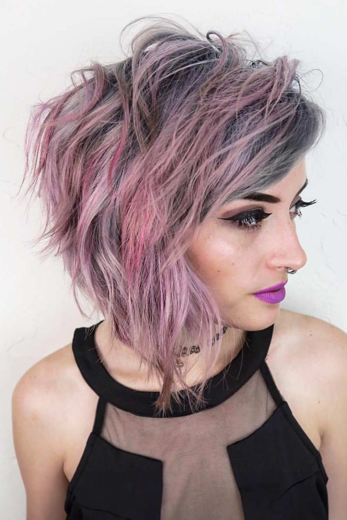 Pink-Grey Layered Asymmetrical Bob #asymmetricalbob #bobhairstyles