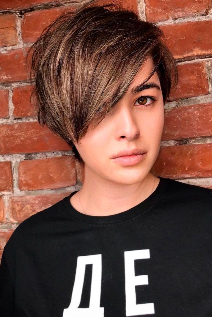Brown Straight Asymmetrical Pixie
