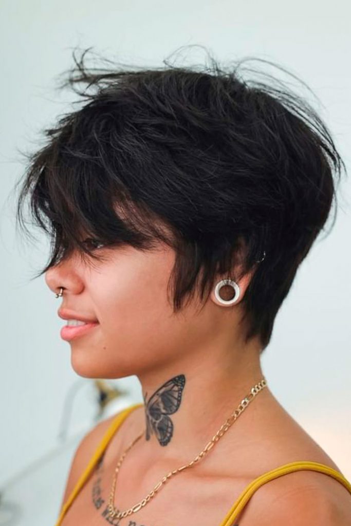 Short Dark Choppy Layered Hair Side-Swept Pixie Long Fringe Side-Swept Long Layered Pixie