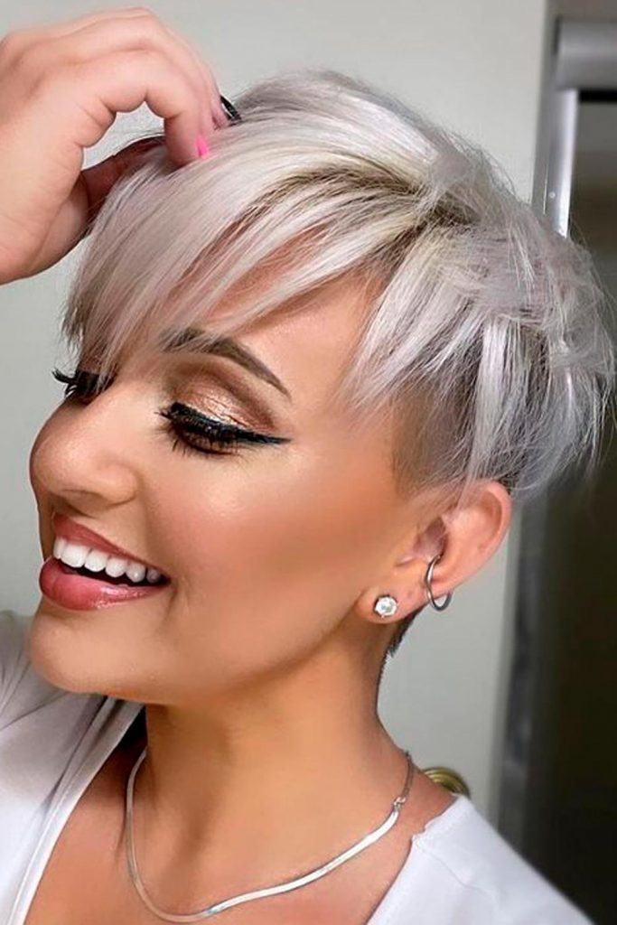 Short Straight Layered Platinum Hair Undercut Pixie Hairstyle Fringe Undercut Pixie
