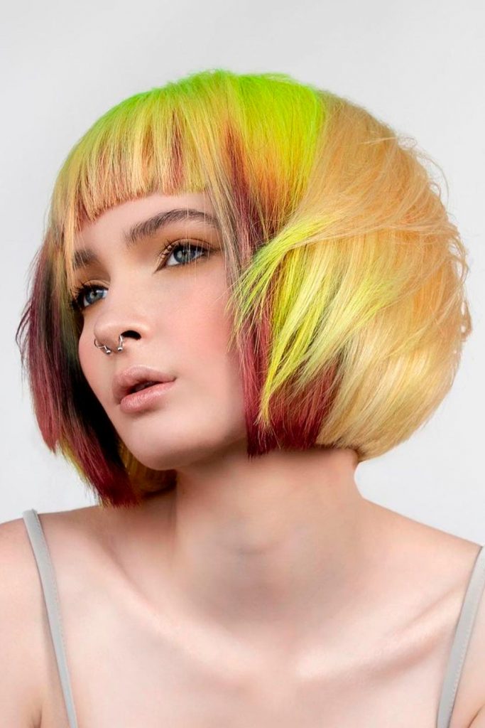 Thin Messy Layered Hair Bold Yellow Short Bob Cut Bangs Short Hair With Bangs