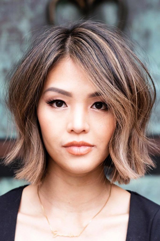Asian Girl Shot Dark Layered Choppy Hair Wavy Bob Cut Wavy Layered Bob