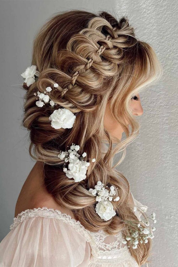 Crown Braided Hairstyle with White Flowers
