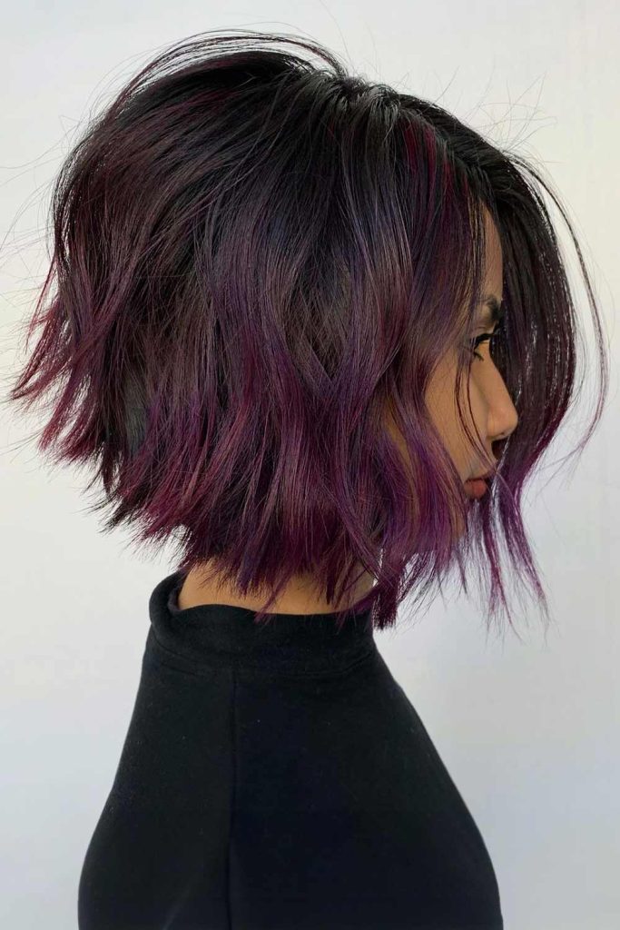 Wavy Bob with Purple Highlights #brownhighlights #brownhair #highlights