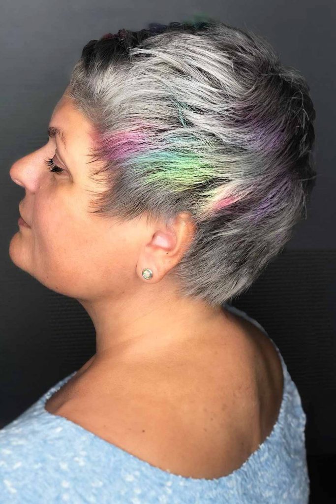 Short Grey Haircut with Rainbow Highlights #shortgreyhair #shorthairstyles #greyhairstyles