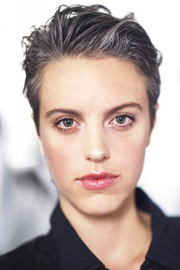 Slicked Back Short Grey Hair #shortgreyhair #shorthairstyles #greyhairstyles