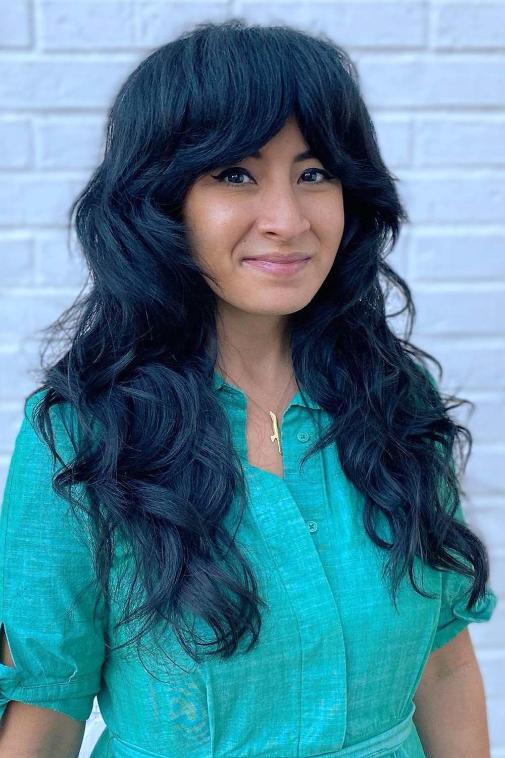 Long Black Thick Hair & Curtain Bangs Style