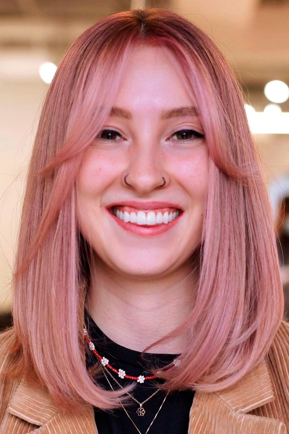 Straight Hair Lob with Face Framing Bangs