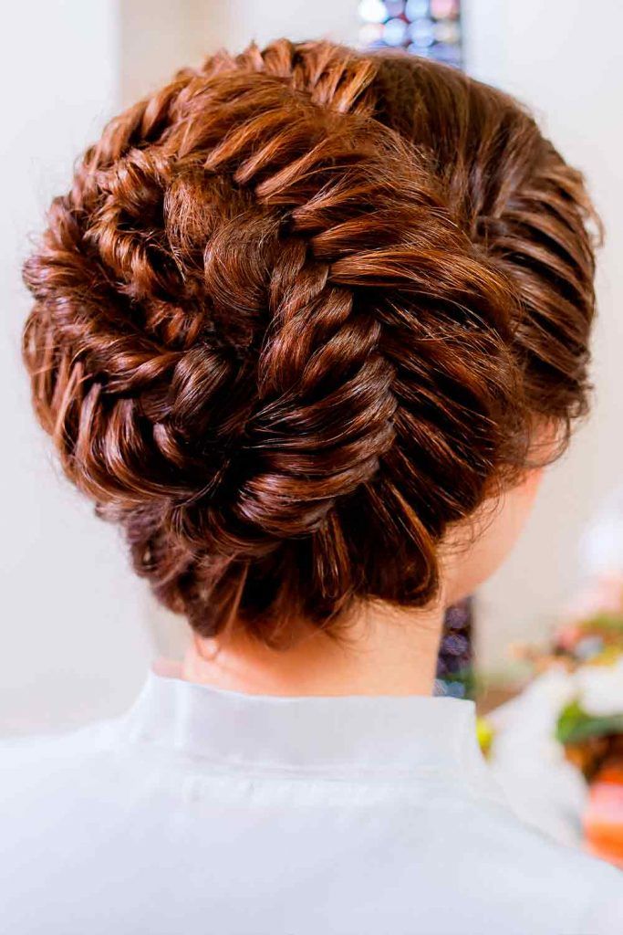 Dark Reddish Glossy Long Hair Braided Bun Cute Fishtail Braided Updo #fishtailbraid #updos