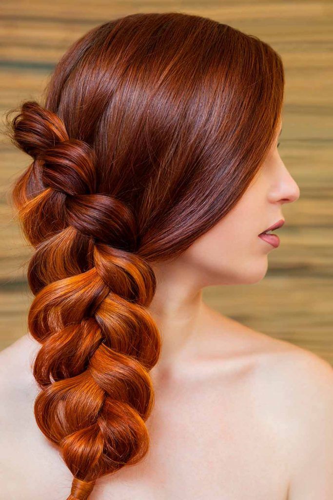 Long Sleek Shiny Golden Reddish Hair Braided Updo Side Braids Styles