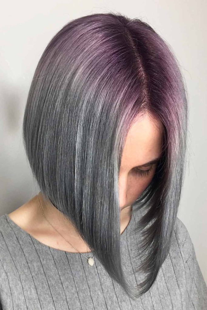Gray Bob with Burgundy Roots #grayhairstyles #grayhair