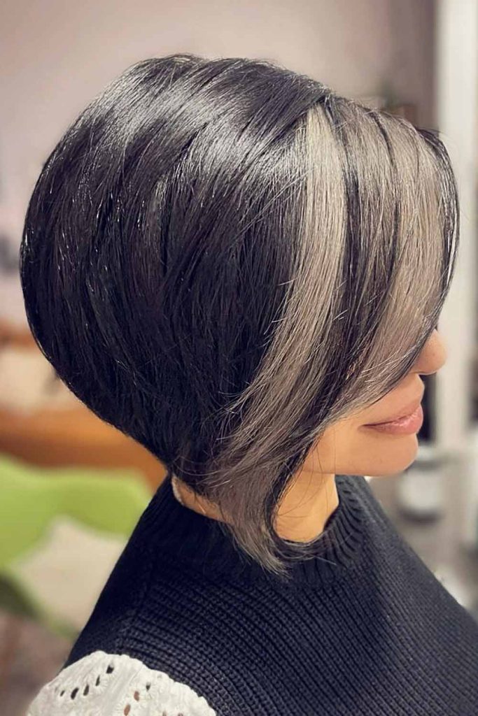 Dark Gray Bob with Blonde Streak #grayhairstyles #grayhair