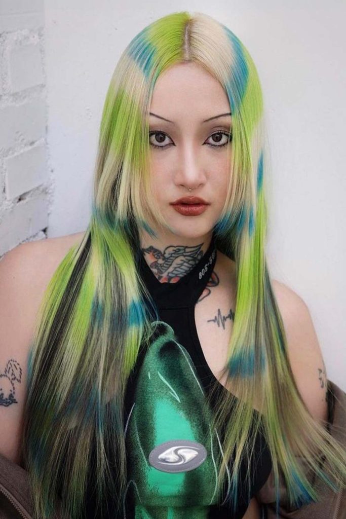 Blonde Long Hair with Colored Stripes #raccoontailhair #raccoontail