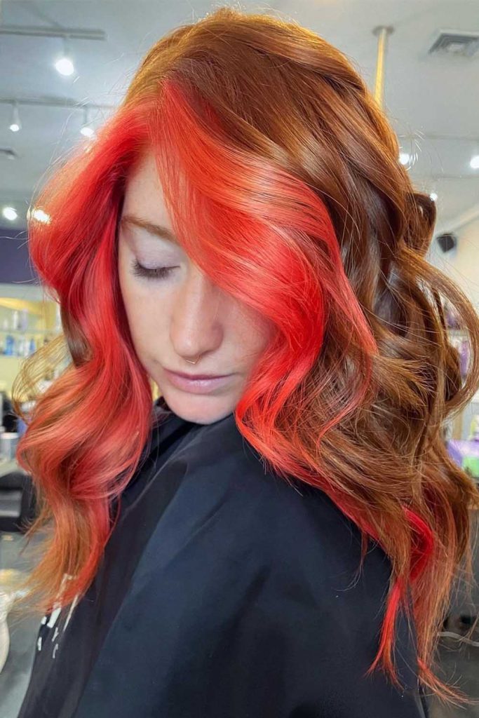 Brown Hair with Red Money Pieces Highlights