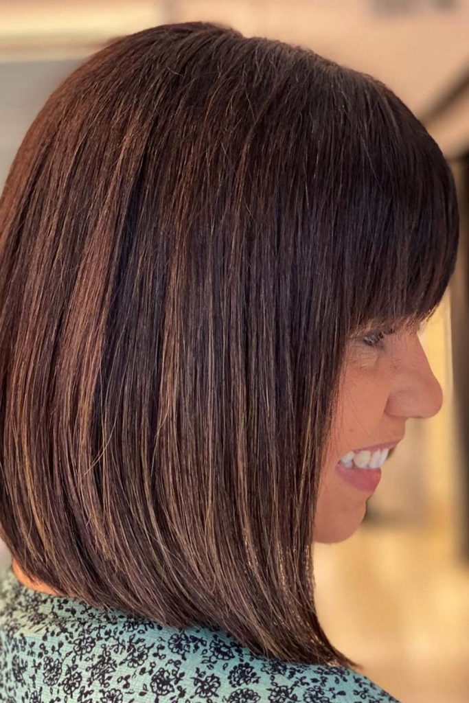 Muted Brown Short Layered Bob With Straight Bang