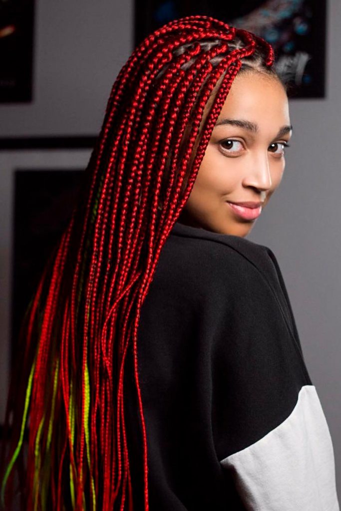 &ldquo;Magic Sunset&rdquo; Long Box Braids With Dark Red Extensions