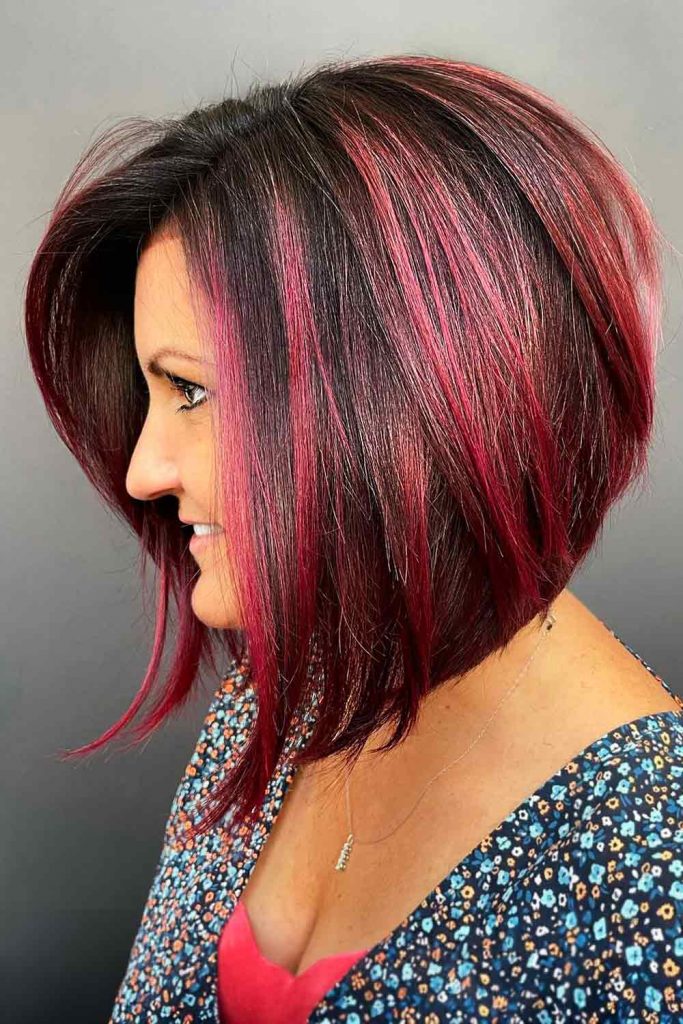 Asymmetric Bob Haircut with Cherry Highlights #stackedbob #bobhaircut #bobhairstyles