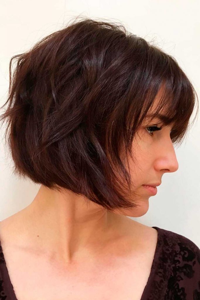 Short Layered Messy Dark Hair Blunt Fringe Bob Cut Blunt Bangs