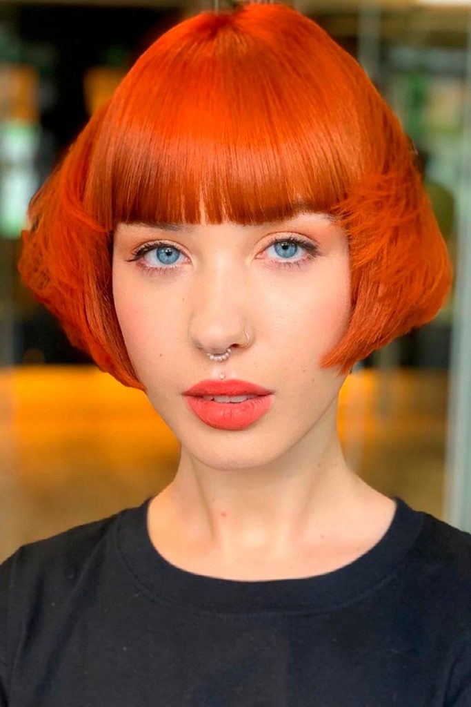 Short Straight Bold Copper Reddish Hair Bangs Bob Cut Bob Hairstyle With Bangs