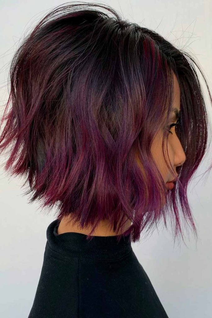 Short Straight Dark Violet Hair Highlights Layered Textured Bob Cut Who Does A Bob Haircut Look Best On?