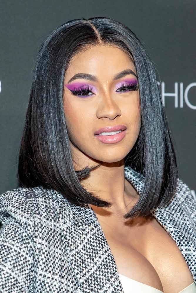 Middle Length Glossy Sleek Black Hair Mid Parted Lob Cut Cardi B: Long Angled Bob Haircut