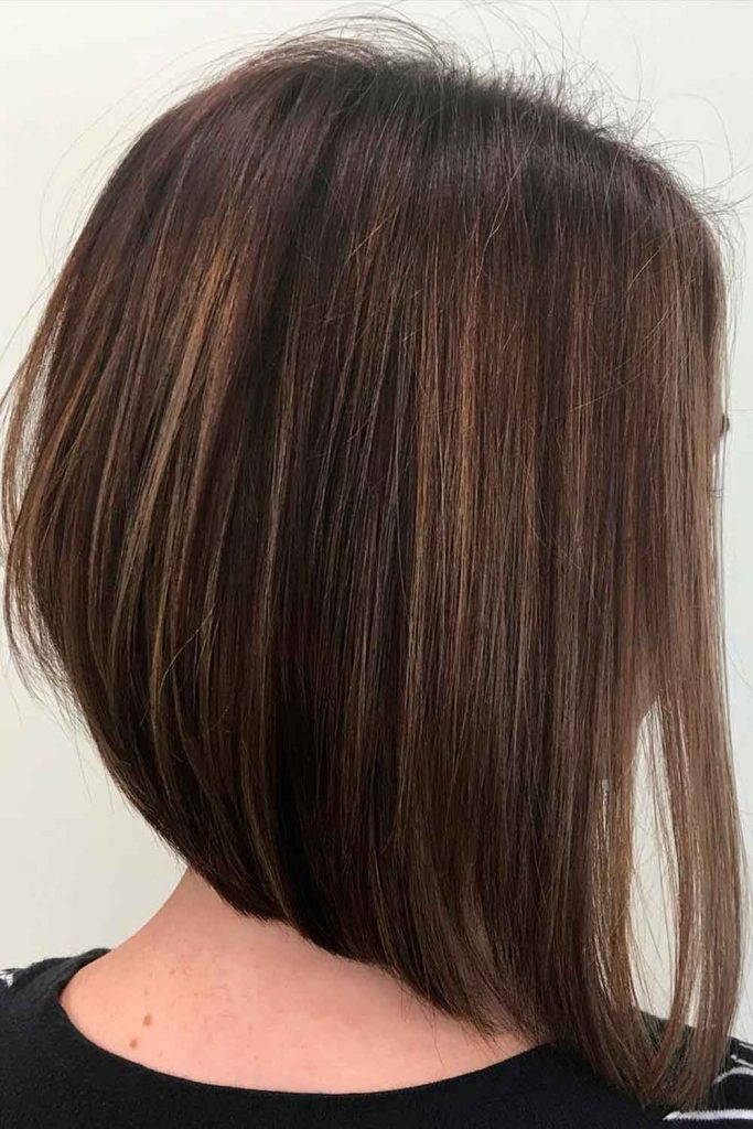 Short Straight Dark Messy Hair Highlights Asymmetrical Bob Cut Shiny Asymmetrical Bob