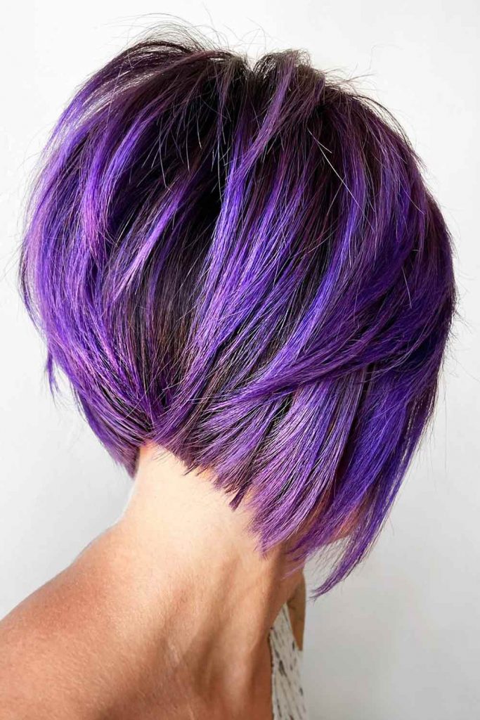 Black Stacked Bob with Purple Highlights #stackedbob #bobhaircut #bobhairstyles