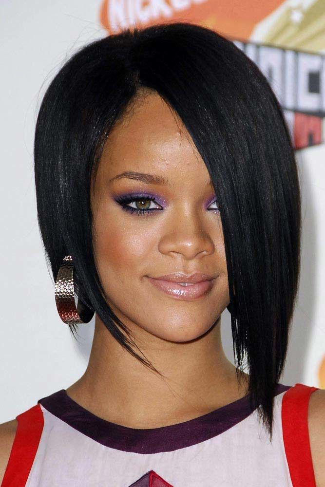 Short Straight Black Hair Inverted Angled Bob Cut Rihanna: Inverted Sleek Bob